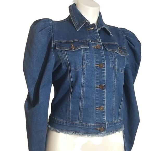 Denimland Tiger Rose Puff Shoulder Denim Jean Jacket - Picture 5 of 8